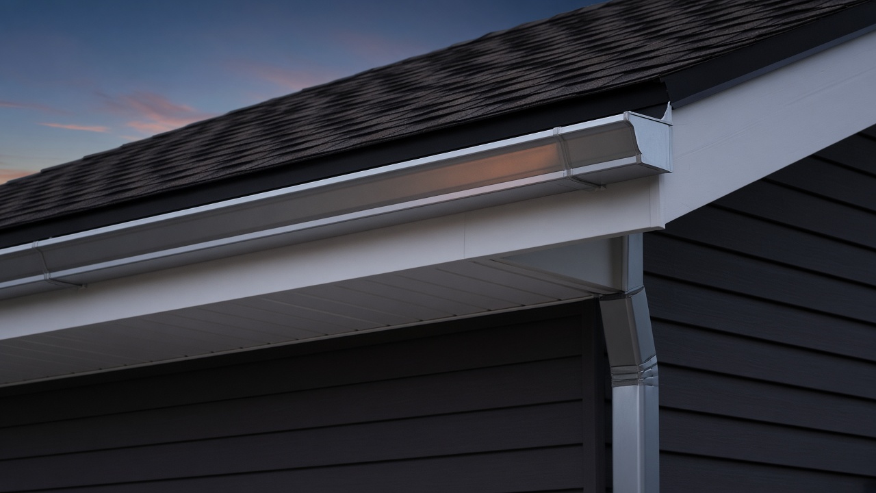 Aluminum gutter and downspout fitted to a dusk residential eave