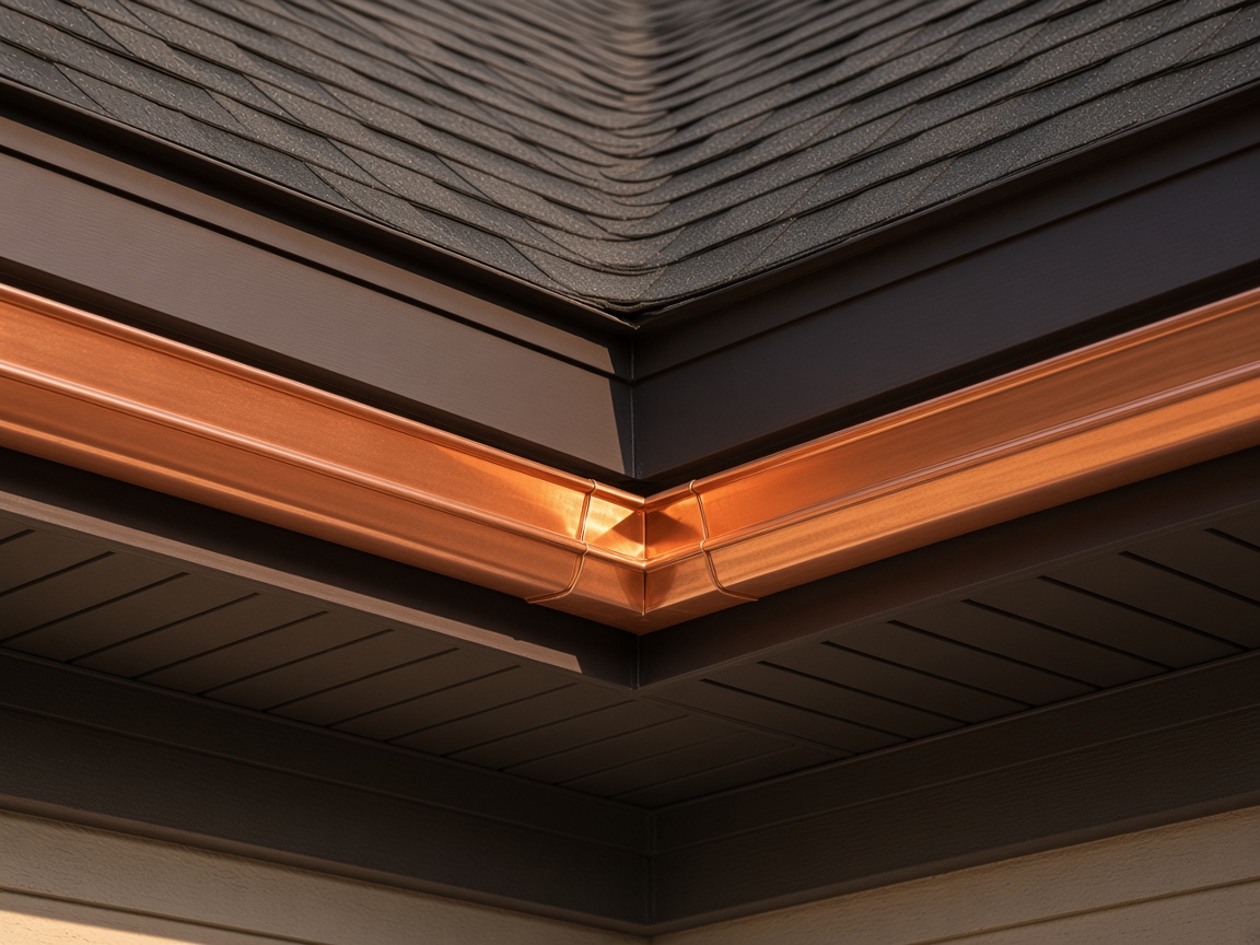 Copper inside-corner gutter fitting against fascia